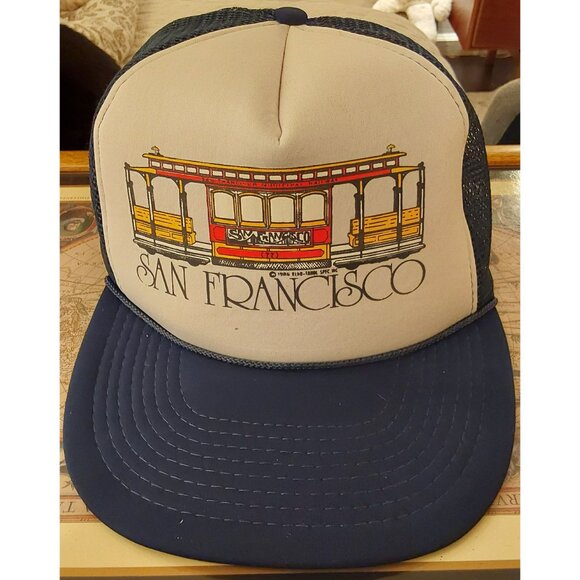Vintage San Francisco Cable Car Graphic Trucker Hat Navy/White Adjustable Snapba - Picture 1 of 6